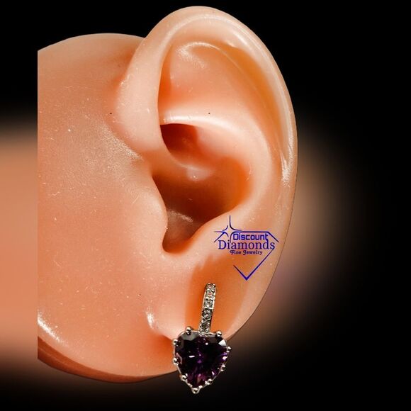 Purple Amethyst Dangle Earrings & White Baguette Diamonds on 925 Silver - Picture 9 of 9